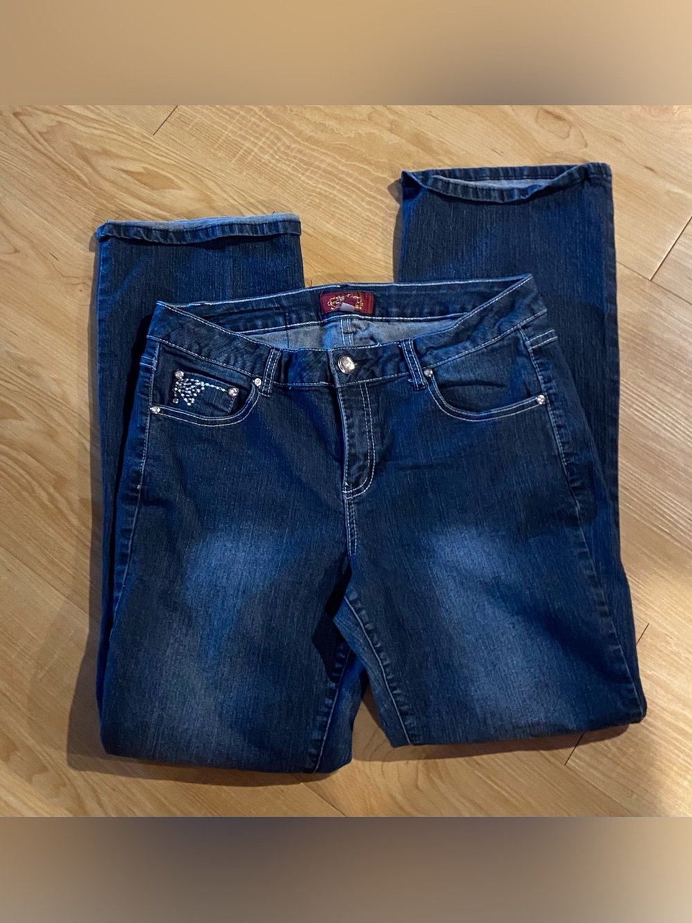 Straight Leg Dark Blue Jeans with Studded Pocket Accent
